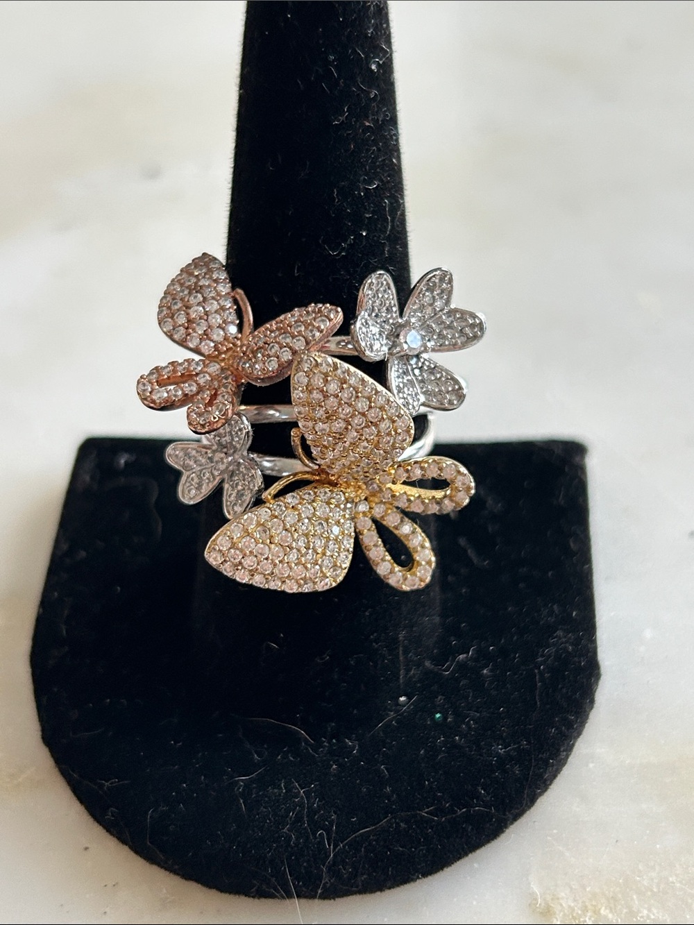 Trio Butterfly Pavé Cocktail Ring in Gold, Rose Gold & Silver